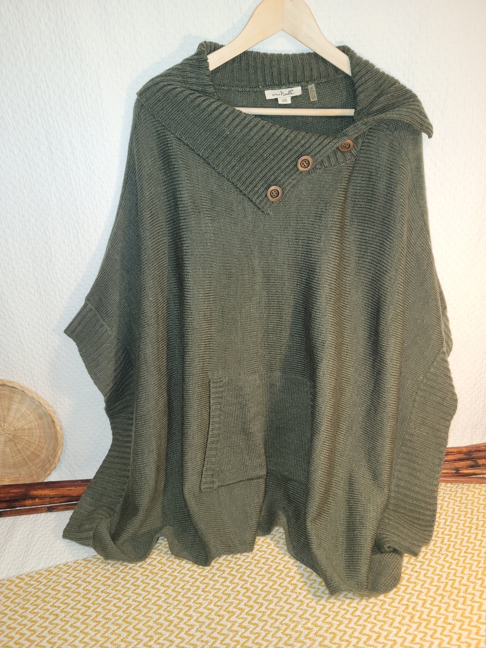 Simply Noelle L/XL Olive Green Oversized Knit Poncho Folded Neck Sweater
